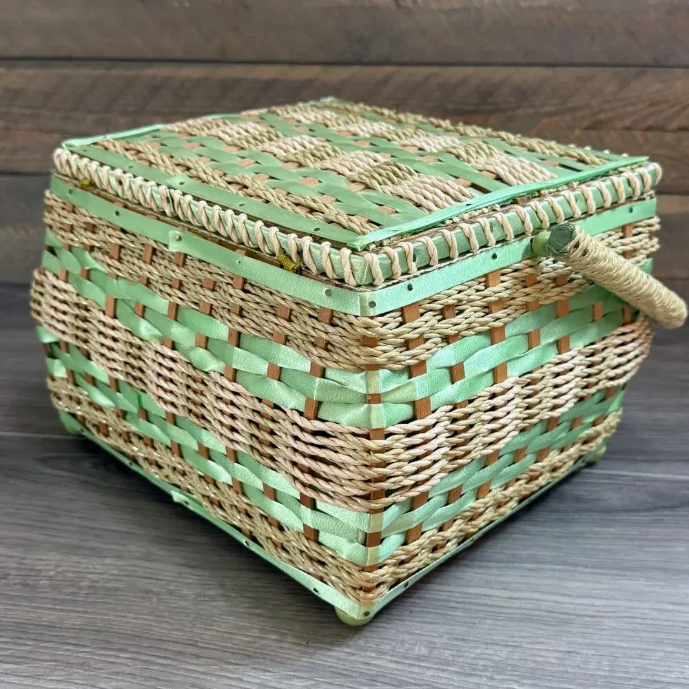 Vintage 1960s Wicker Sewing Basket Granma Cottagecore Shabby Chic Country Japan